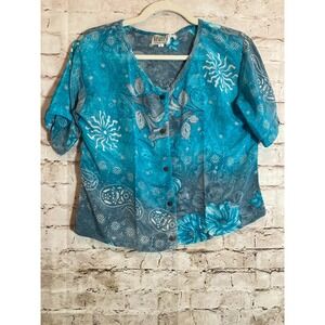 NEW Baizaar Silk Boxy Top Womens Large Blue Tropical Floral Cropped Button Front